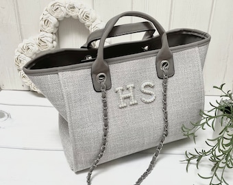 Personalised Shoulder Tote Bag  | Grey | White Pearl Patch | Womans Handbag  | Gifts for Her | Ladies Custom Handbag | Birthday Gift | Bride
