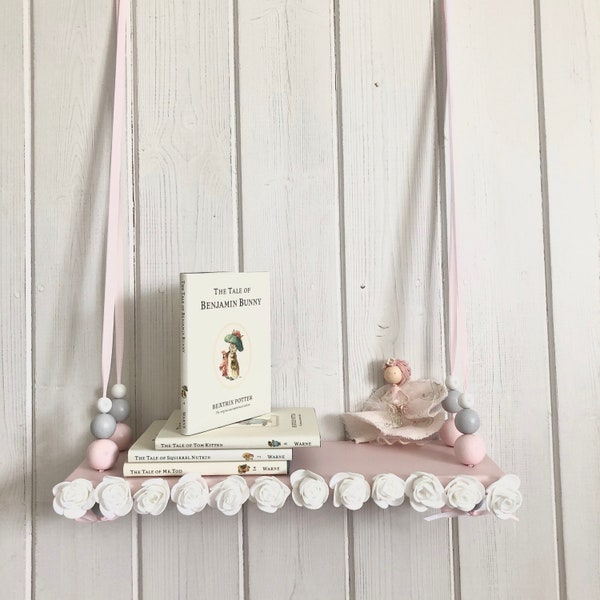 Wooden Flower Swing Shelf | Pink Painted Shelf | White Flower | Hanging Bead Shelf | Pink | Grey | White | Nursery Decor | Children's Room |