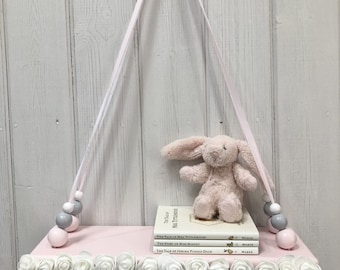 Wooden Swing Shelf | Pink Painted Shelf | Hanging Bead Shelf | Pink | Grey | White | White Floral Finishing | Girls Nursery | Nursery Decor