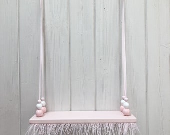 Wooden Swing Shelf | Pink Painted Shelf | Nordic Style Shelf | Hanging Bead Shelf | Pink | White | Feathered | Girls Nursery | Nursery Decor