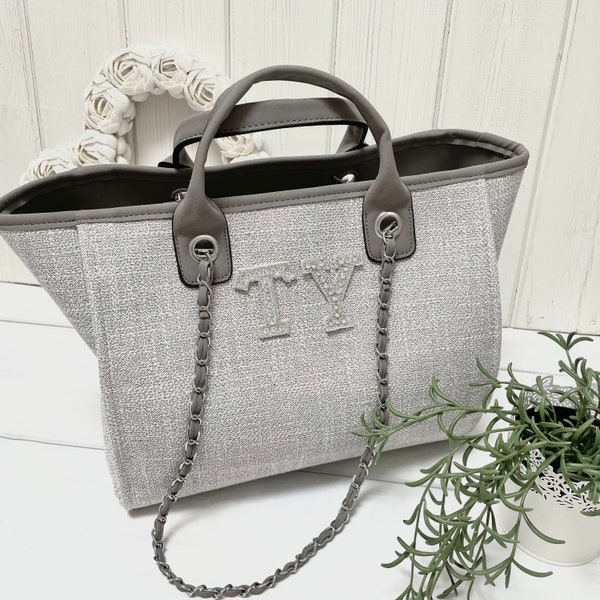 Personalised Shoulder Tote Bag  | Grey | White Rhinestone | Womans Handbag  | Gifts for Her | Ladies Custom Handbag | Birthday Gift | Bride