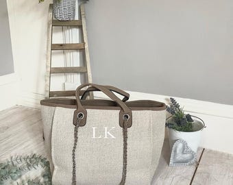 Ladies Personalised Custom Handbag | Chain Monogram Canvas Tote Bag | Birthday Hen Gift | Gift for Her | Holiday Travel Airport Bag | Medium