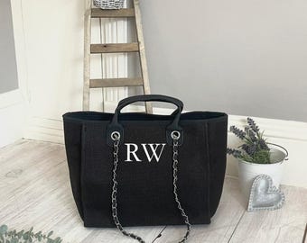 Monogram Canvas Chain Bag | Monogram Canvas Tote Bag | Canvas Chain Bag Initials | Personalised Handbag | Women's Handbag | Medium