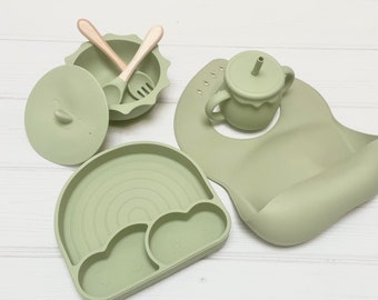 Silicone Feeding Set for Baby Weaning Set for Toddler Weaning Set with Suction Plate with Suction Bowl and Baby Cutlery Personalised Gift