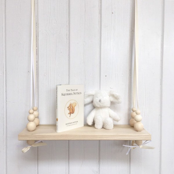 Wooden Swing Shelf | Natural Shelf | Nordic Style Shelf | Hanging Bead Shelf | Natural Wooden Beads | Scandi Nursery | Safari Nursery