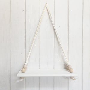 Wooden Swing Shelf | Nordic Style Shelf | Hanging Bead Shelf | White Painted Shelf | Beige | White | Nursery Decor | Children's Room | Neutr