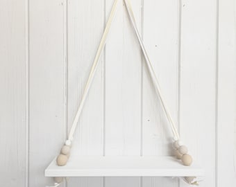 Wooden Swing Shelf | Nordic Style Shelf | Hanging Bead Shelf | White Painted Shelf | Beige | White | Nursery Decor | Children's Room | Neutr