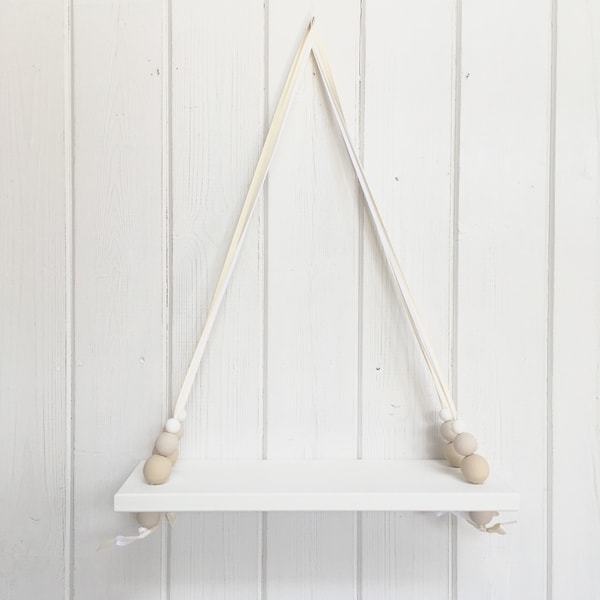 Wooden Swing Shelf | Nordic Style Shelf | Hanging Bead Shelf | White Painted Shelf | Beige | White | Nursery Decor | Neutral Nursery