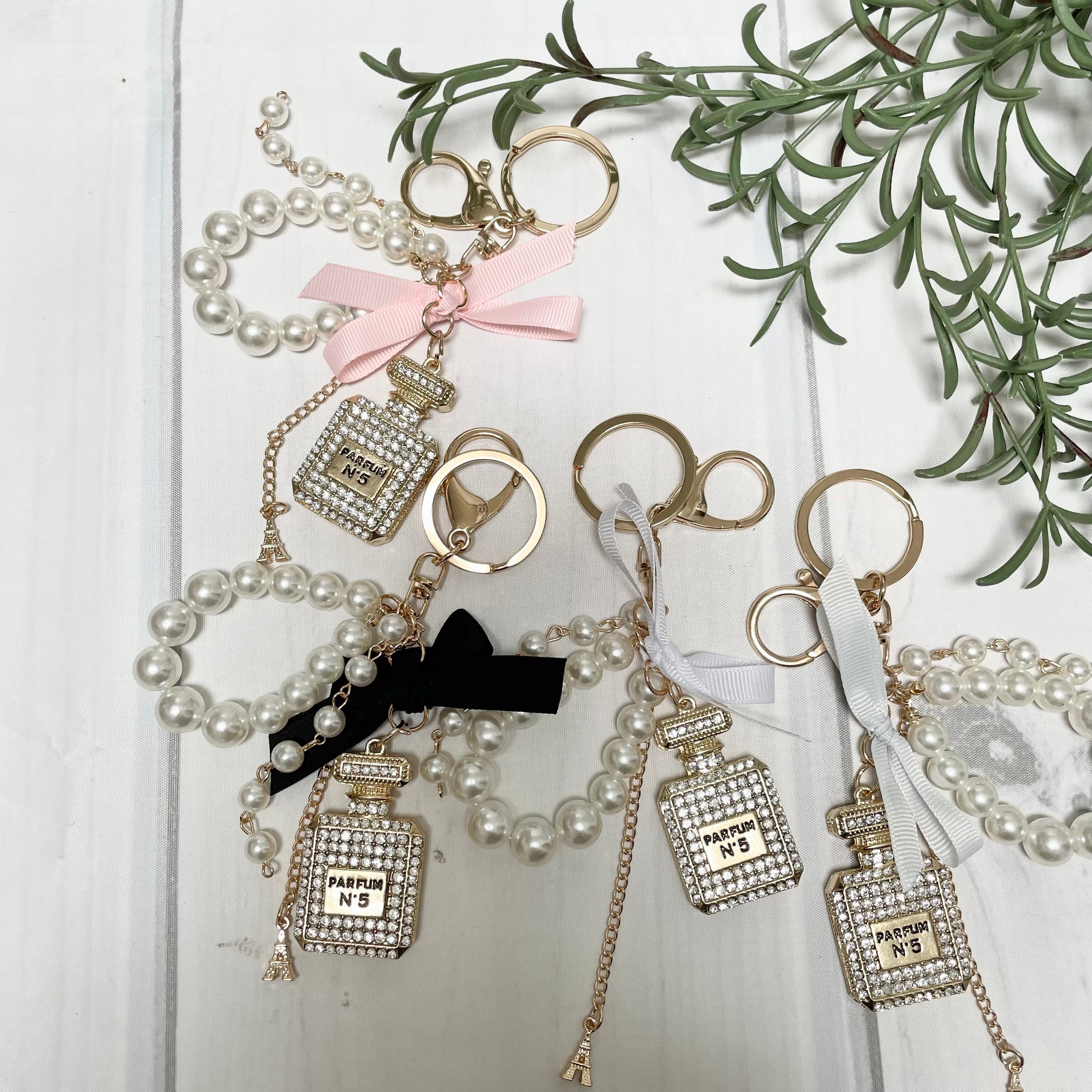 Chanel Style Perfume Bottle Crystal and Pearl Keychain/Bag Charm