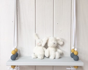 Wooden Swing Shelf | Grey Painted Nordic Style Shelf | Hanging Bead Shelf  Slate | Mustard | White | Unisex Nursery Decor | Modern Nursery