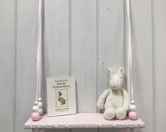 Wooden Swing Shelf | Pink Painted Shelf | Hanging Bead Shelf | Pink | White | White Pearl Embellishment | Girls Nursery|Nursery Decor