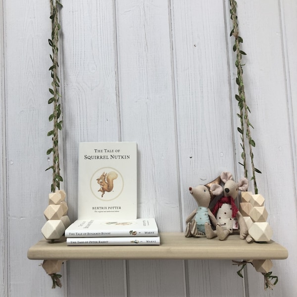 Wooden Swing Shelf | Natural Wood Shelf | Hanging Bead Shelf | Vine Leaf Garland | Geometric Beads | Neutral Nursery | Nursery Decor