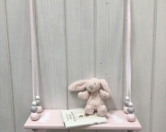 Wooden Swing Shelf | Pink Painted Shelf | Hanging Bead Shelf | Pink | Grey | White | Rabbit Silhouette | Girls Nursery | Nursery Decor