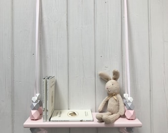 Wooden Swing Shelf | Pink Painted Shelf | Hanging Bead Shelf | Pink | Grey| White | Geometric Beads | Girls Nursery | Nursery Decor