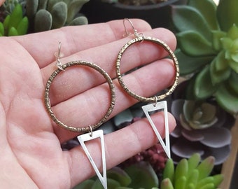 Geometrisch brons en Sterling Zilveren Hoop Bungelt
