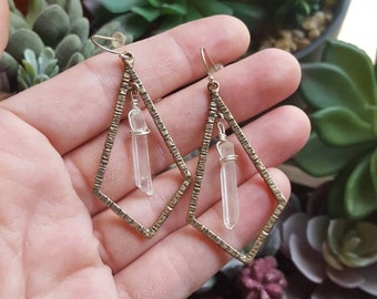 Boho Geometrische Quartz Crystal Oorbellen - Brons en Sterling Zilver
