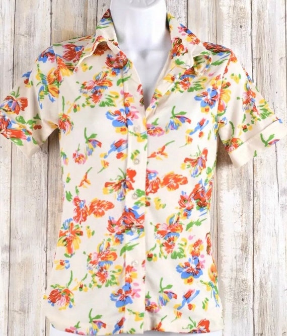 Vintage 70s You Babes Button Front Floral Shirt S