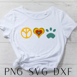 SVG PNG DXF Peace Love Rescue, Groovy Dog Paw Print Cut File, Calcomanía de coche de los años 70, Adopte la imagen de sublimación de No comprar para la silueta de Cricut