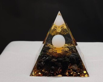 Obsidian Opal Orgonite Pyramid | Handmade Resin, Obsidian, Gold Flakes and Opal Sphere| Energy Healing, Feng Shui, and Reiki