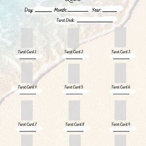 May include: A light beige and blue planner page with the text "My Next Year in Love." It features spaces for dates, a tarot deck, and twelve tarot card readings. The background has a watercolor beach design.