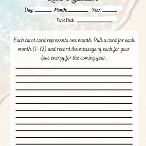 May include: A journal page with the title "My Next Year in Love Reflection" in elegant script. It includes prompts for day, month, year, and tarot deck, with lined spaces for notes. The text encourages recording love energy messages.
