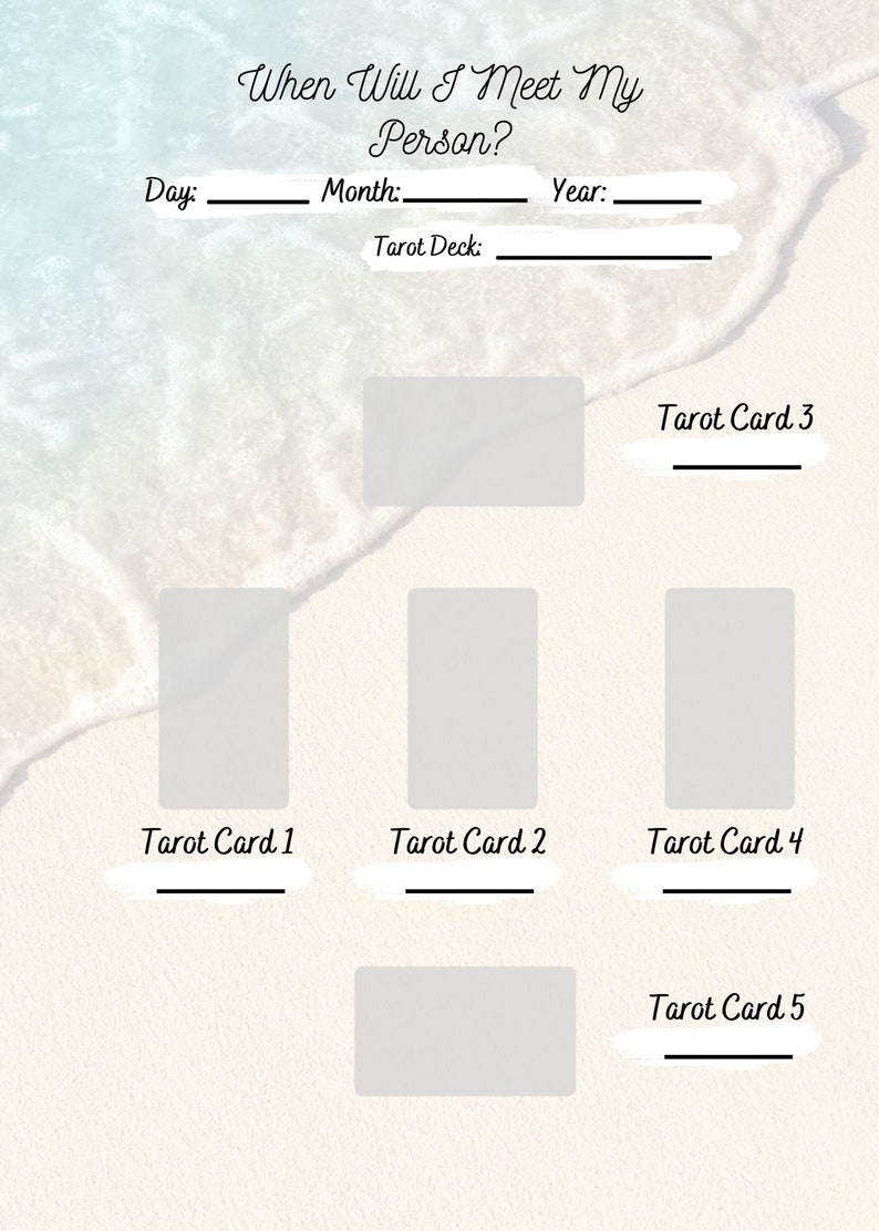 May include: A tarot reading layout with the text "When Will I Meet My Person?" and spaces for Day, Month, Year, and Tarot Deck. Five tarot card positions are labeled, with blank spaces for the cards.