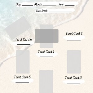 May include: A tarot card reading layout with the text "My Future Love" in a script font. The layout includes spaces for the date and tarot deck, along with positions for six tarot cards labeled 1 through 6.