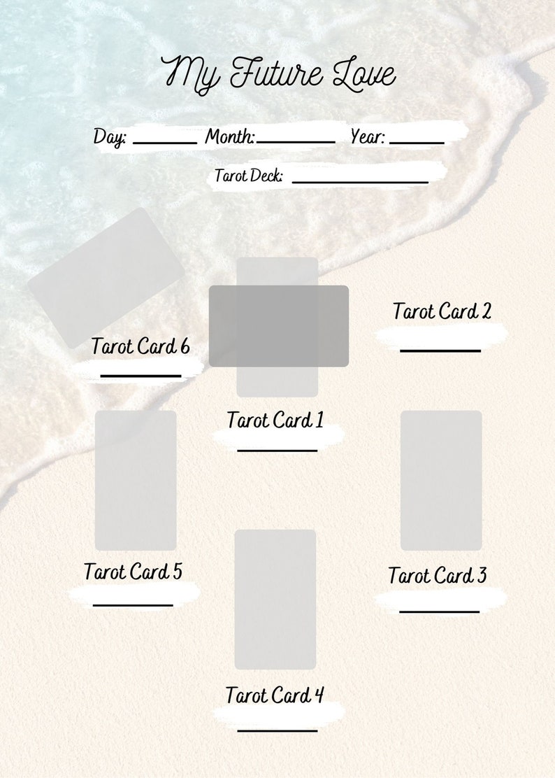 May include: A tarot card reading layout with the text "My Future Love" in a script font. The layout includes spaces for the date and tarot deck, along with positions for six tarot cards labeled 1 through 6.