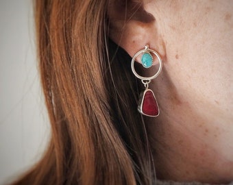 Red and Turquoise Stud Earrings. Sterling Silver Earrings, .925. Boho Earrings. Holiday Gift.