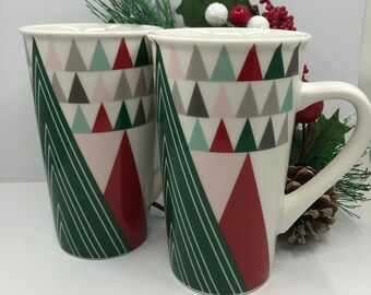 Set of 2 Starbucks Christmas Holiday Winter Ceramic Mugs with Red and Green Christmas Trees