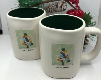 Set of 2 Rae Dunn All is Bright Christmas Tree Holiday Ceramic Mugs Brand New