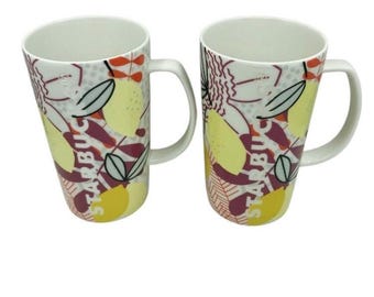 Starbucks Summer Lemon Tropical Etched Fruit Ceramic Coffee Mugs, Set of 2