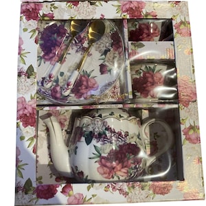 Grace Teaware Fine Porcelain 7 Piece Set Pink Rose Print NEW Open Box
