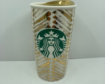 Starbucks White and Gold Striped Ceramic Tumbler Travel Mug with Lid 2015