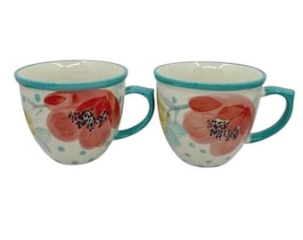 The Pioneer Woman Vintage Flea Market Floral Polka Dot Turquoise Mugs Lot of 2