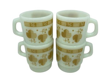 Vintage Anchor Hocking Fire King Milk Glass Mugs Shamrock Design, Set of 4