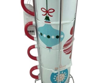 Pier 1 Imports Christmas Ornaments Stackable Stoneware Mugs, Set of 4, BNWT