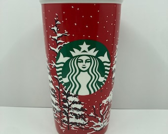 Starbucks Red and White Christmas Trees Ceramic Tumbler Travel Mug with Lid