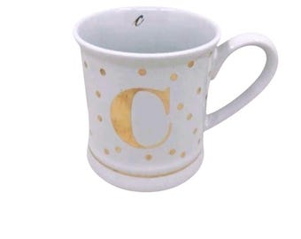 Pier 1 Imports Monogram Letter C White and Gold Polka Dots Stoneware Coffee Mug