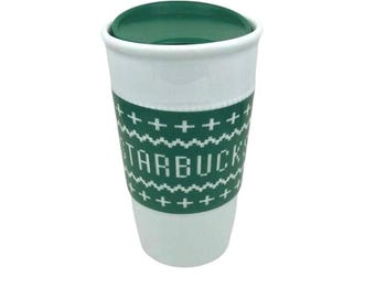 Starbucks Christmas Holiday Sweater Ceramic Travel Mug, Green & White, 10 oz