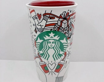 Starbucks Red and White Christmas Trees Hands Gifts Ceramic Tumbler Travel Mug with Lid
