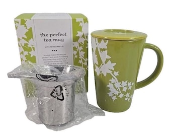Davids Tea Mug with Infuser & Lid Apple Green Leaves Design 12 oz NIB