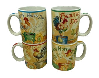 Pier 1 Imports Beautiful Day Rooster Stoneware Mugs Complete Set of 4 NIB
