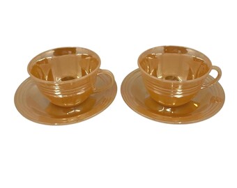 Vintage Fire King Peach Lustre Teacups and Saucers, Set of 2