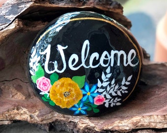 Colorful abstract floral print hand painted rock sealed in resin unique gift idea