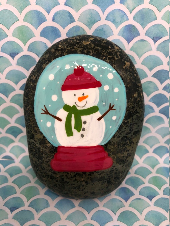 Snowman Snow Globe With Details Hand Painted Rock Sealed In Etsy