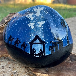 Manger Nativity Scene with silhouettes and lots of shading Jesus and Angels Christmas hand painted rock sealed in resin unique gift idea