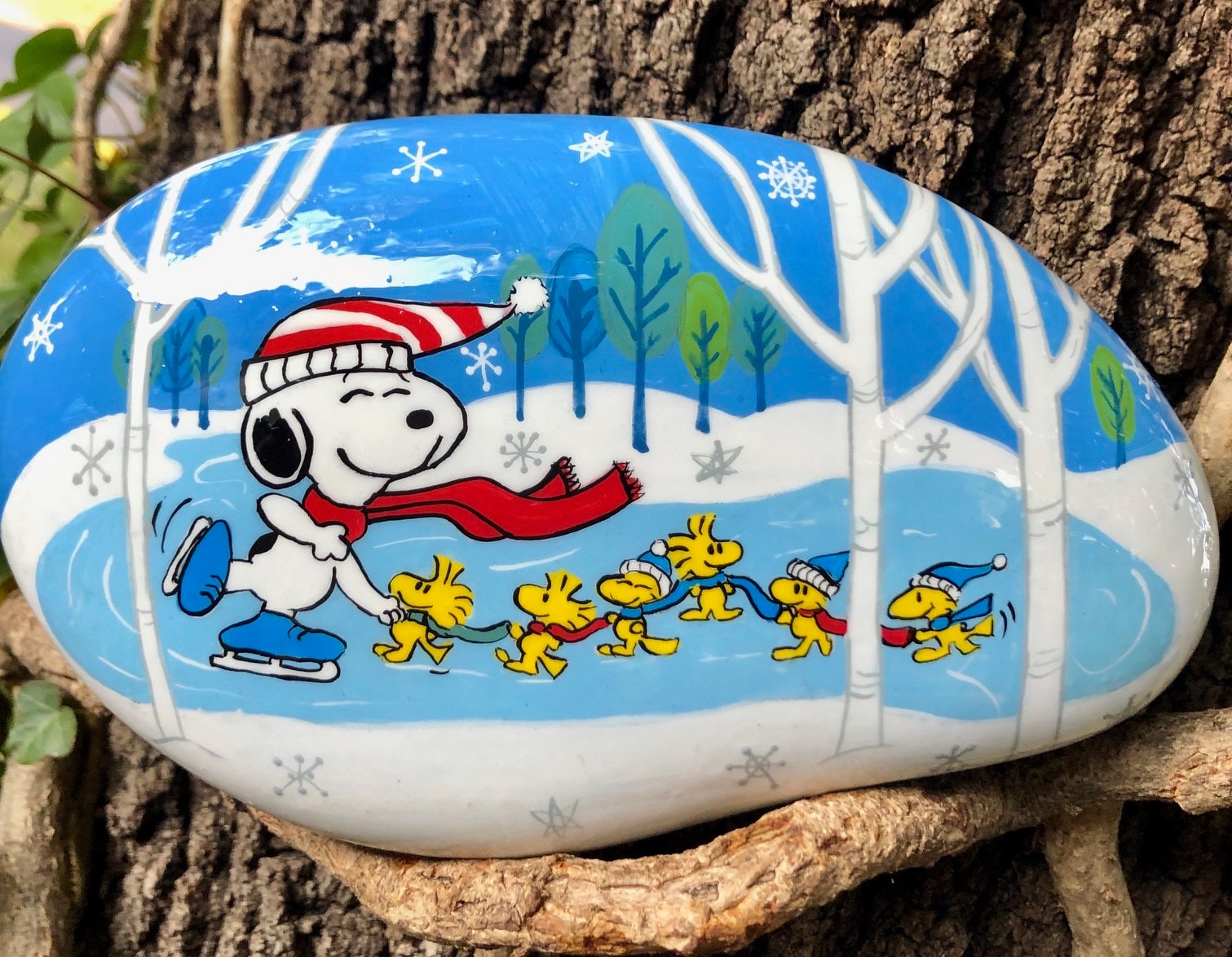 Snoopy and Woodstock Ice Skating on a Pond Christmas Hand Painted