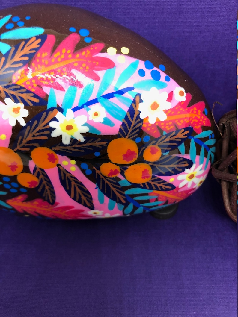 Colorful abstract floral print hand painted rock sealed in resin unique gift idea