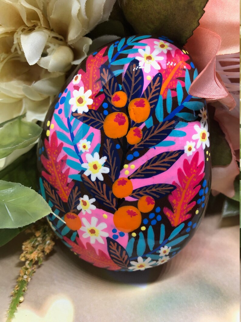 Colorful abstract floral print hand painted rock sealed in resin unique gift idea